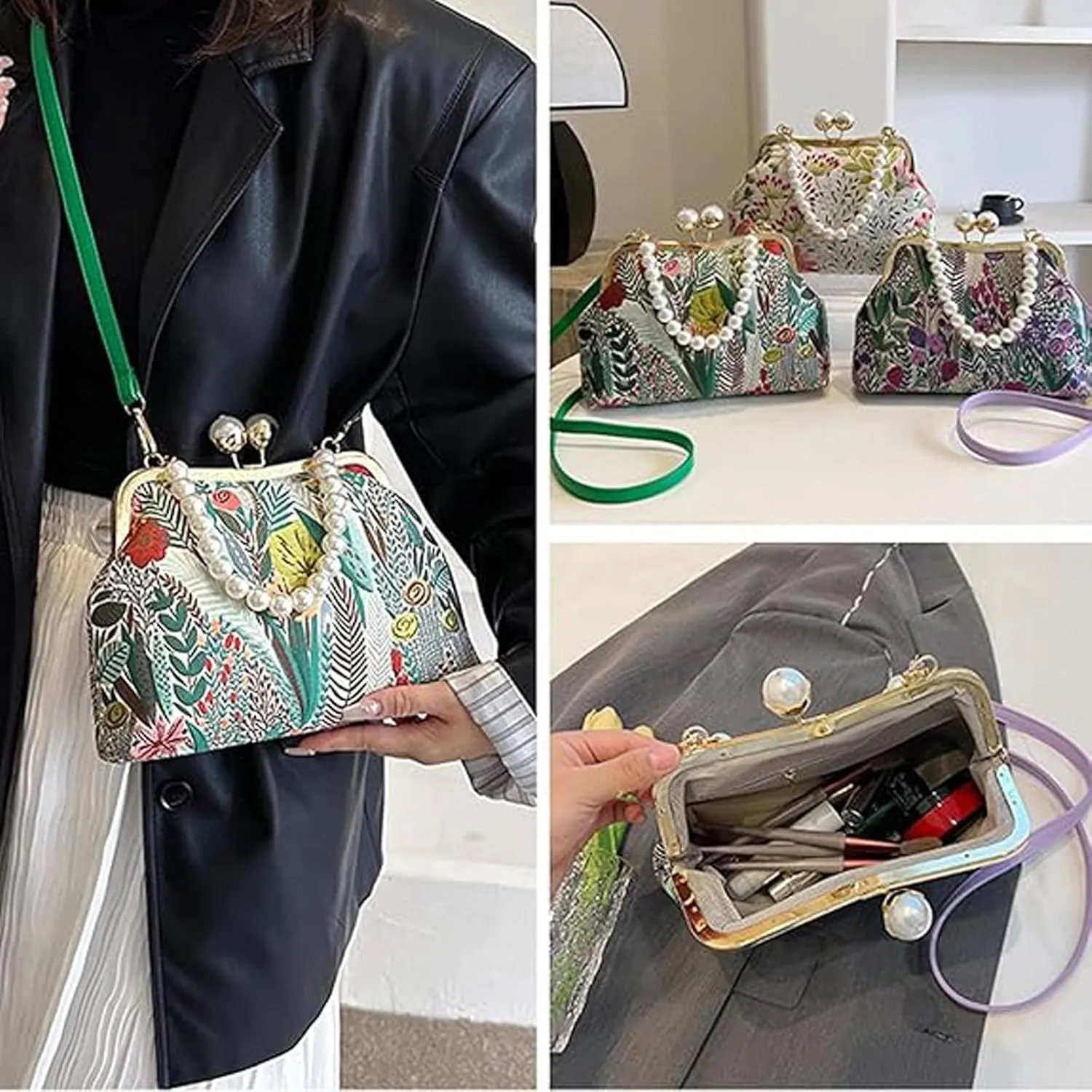 Vintage Embroidered Flower Handbag, Retro Pearl Chain Crossbody Bag, Flower Embroidery Rustic Shoulder, Suitable For Women