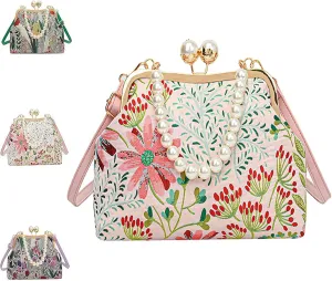 Vintage Embroidered Flower Handbag, Retro Pearl Chain Crossbody Bag, Flower Embroidery Rustic Shoulder, Suitable For Women