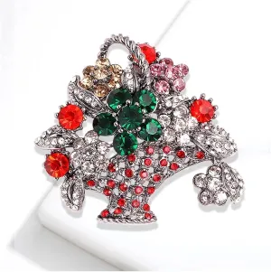 Vintage Flower Basket Brooch Geometric Flowers Pin Colour Rhinestone Clothing Coat Accessories Gift