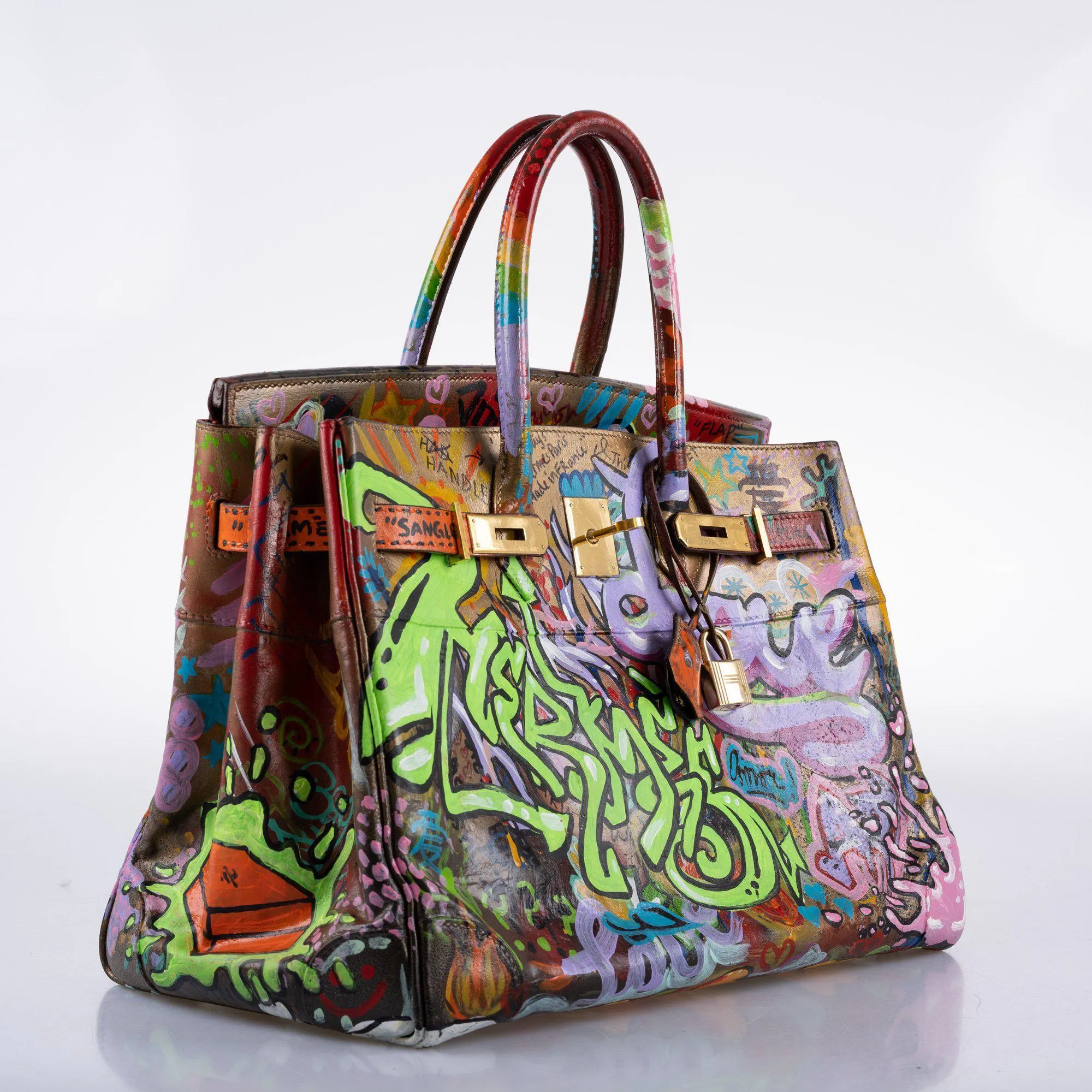 Vintage Hermes ‘Graffiti’ Birkin 35 Custom Painted Box Leather with Gold Hardware - 1998, B Square, Artwork 2021.