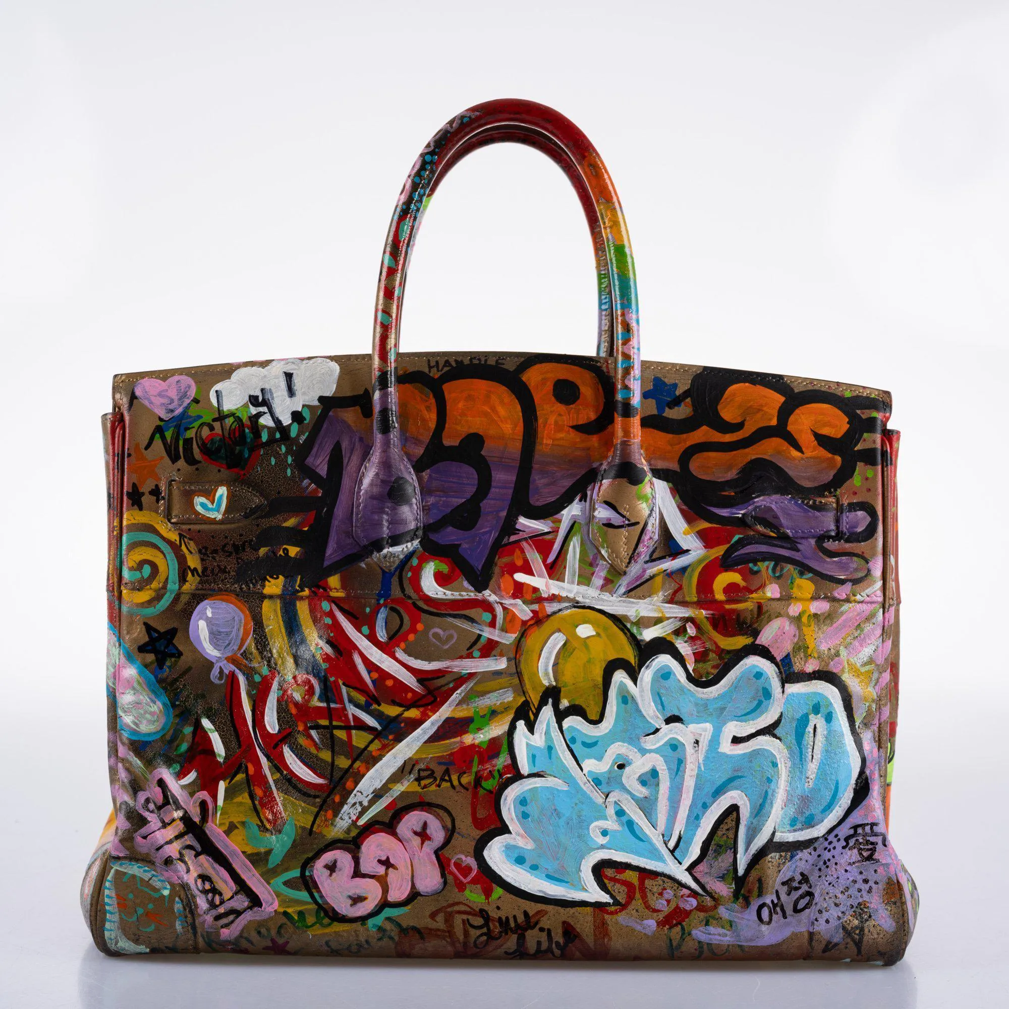 Vintage Hermes ‘Graffiti’ Birkin 35 Custom Painted Box Leather with Gold Hardware - 1998, B Square, Artwork 2021.