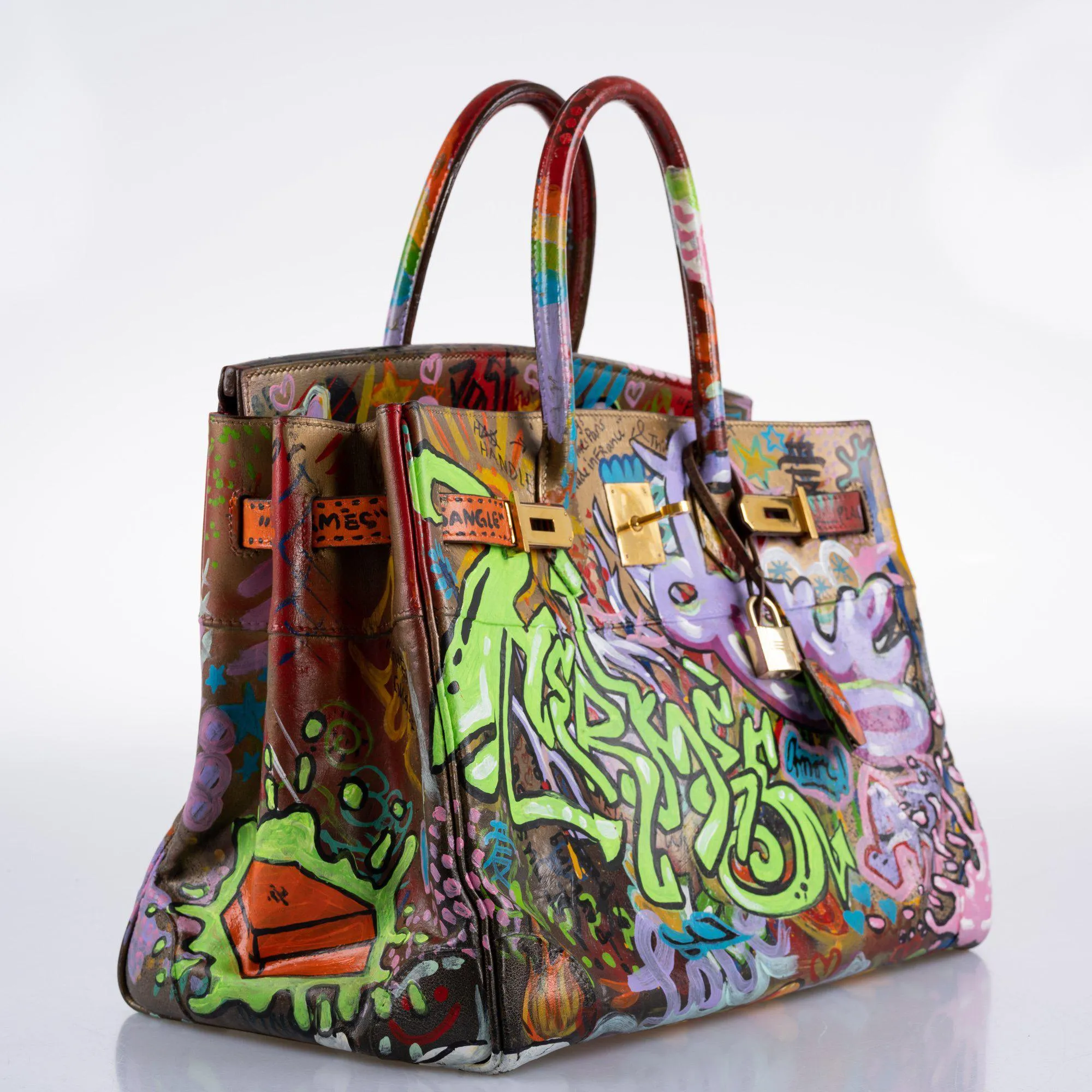 Vintage Hermes ‘Graffiti’ Birkin 35 Custom Painted Box Leather with Gold Hardware - 1998, B Square, Artwork 2021.