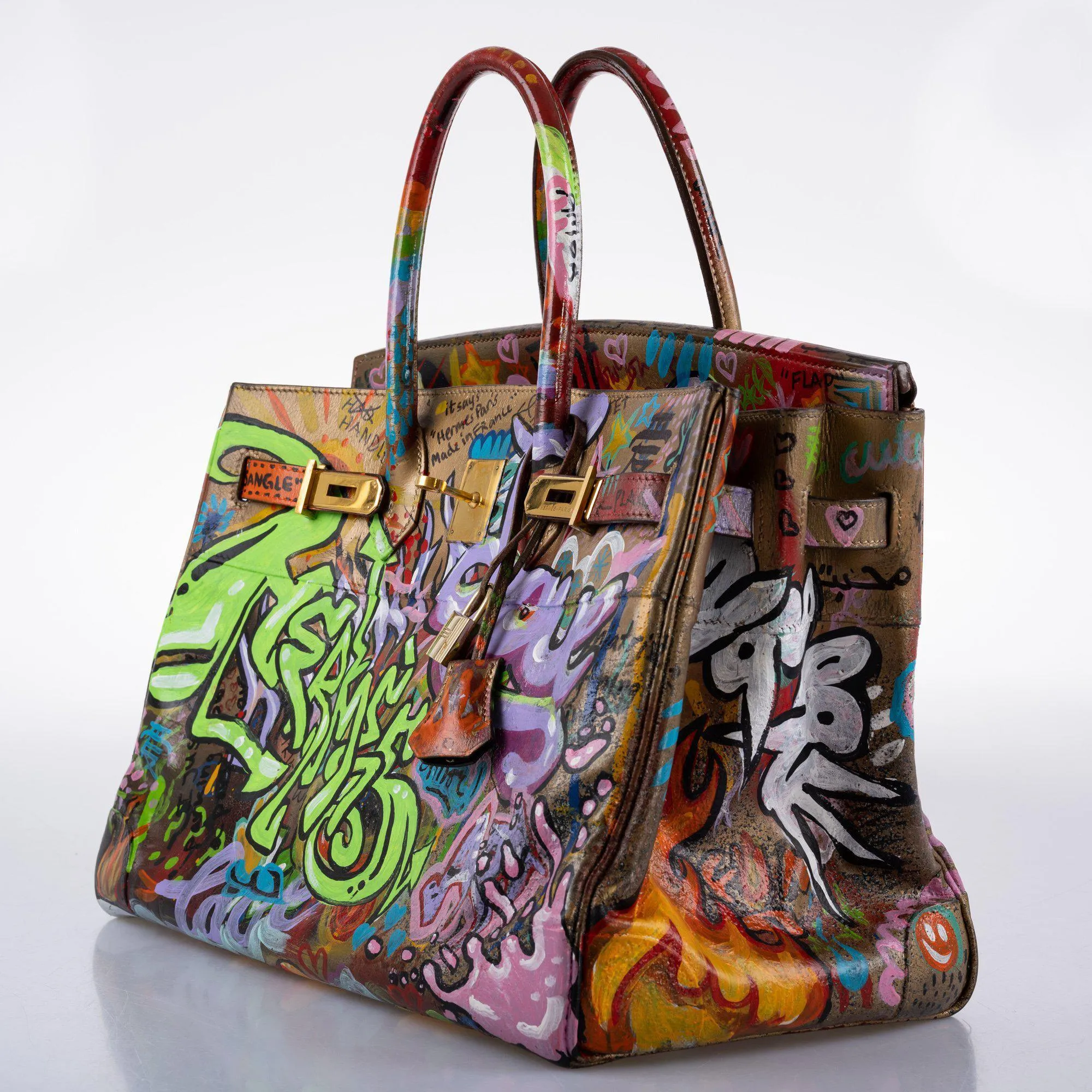 Vintage Hermes ‘Graffiti’ Birkin 35 Custom Painted Box Leather with Gold Hardware - 1998, B Square, Artwork 2021.