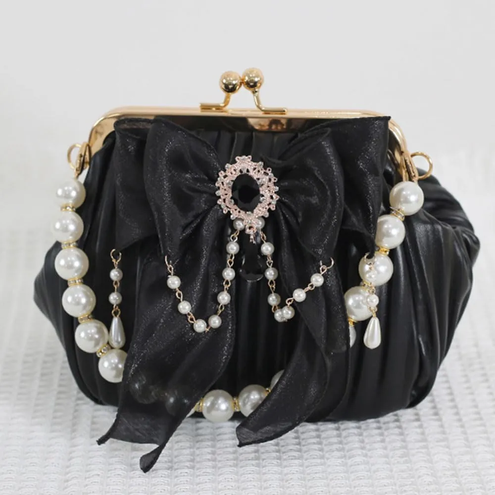 Vintage Kiss Lock Handbag Purse Crossbody Shoulder Bag Evening Bag Small Tote Purse with Bow Pearl Chain for Women