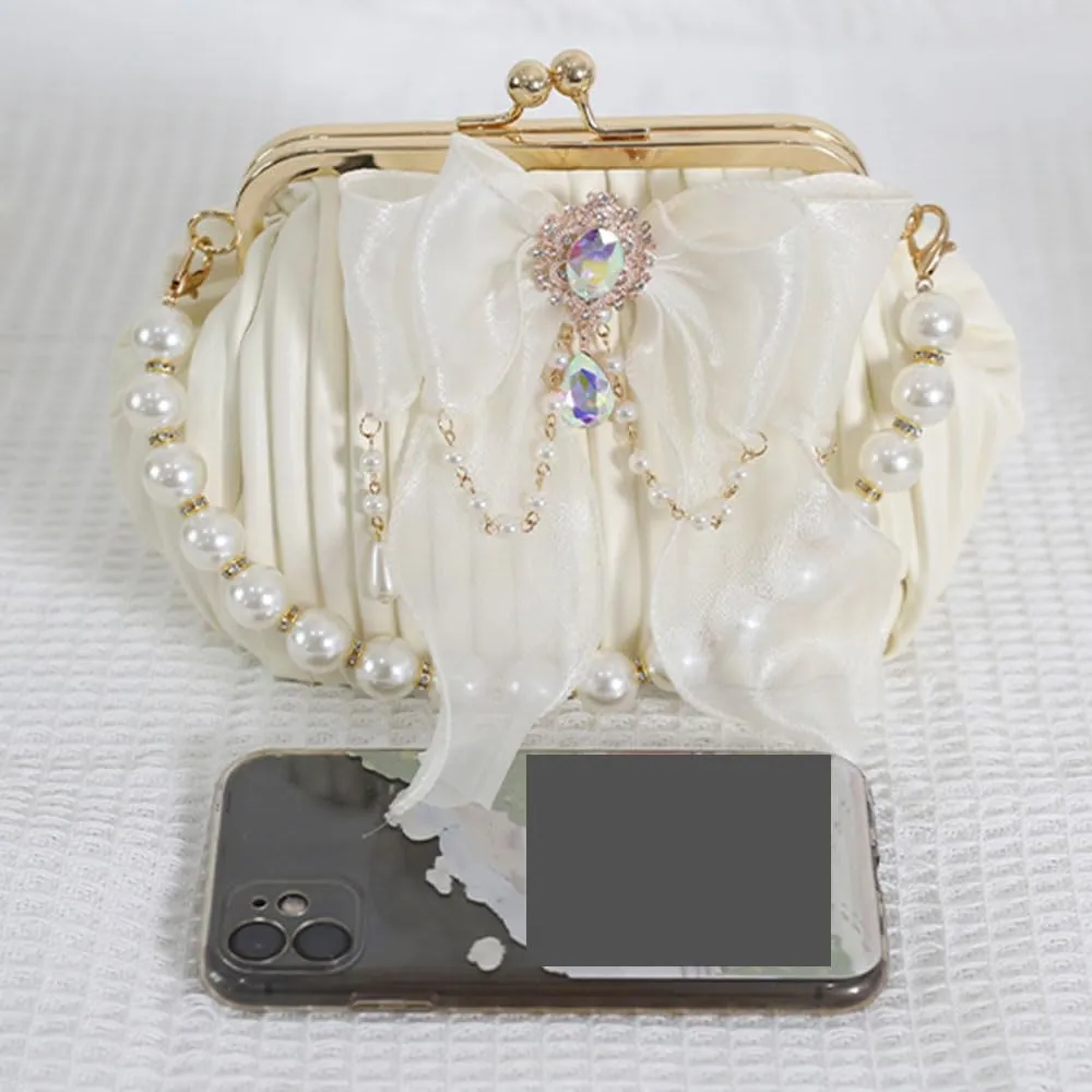 Vintage Kiss Lock Handbag Purse Crossbody Shoulder Bag Evening Bag Small Tote Purse with Bow Pearl Chain for Women