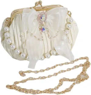 Vintage Kiss Lock Handbag Purse Crossbody Shoulder Bag Evening Bag Small Tote Purse with Bow Pearl Chain for Women