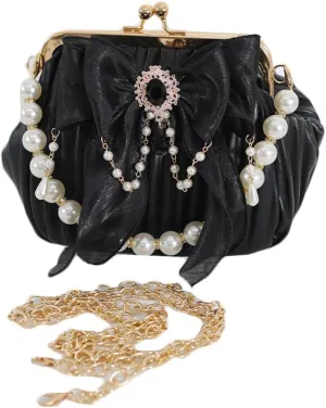 Vintage Kiss Lock Handbag Purse Crossbody Shoulder Bag Evening Bag Small Tote Purse with Bow Pearl Chain for Women