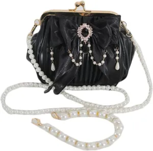Vintage Kiss Lock Handbag Purse Crossbody Shoulder Bag Evening Bag Small Tote Purse with Bow Pearl Chain for Women