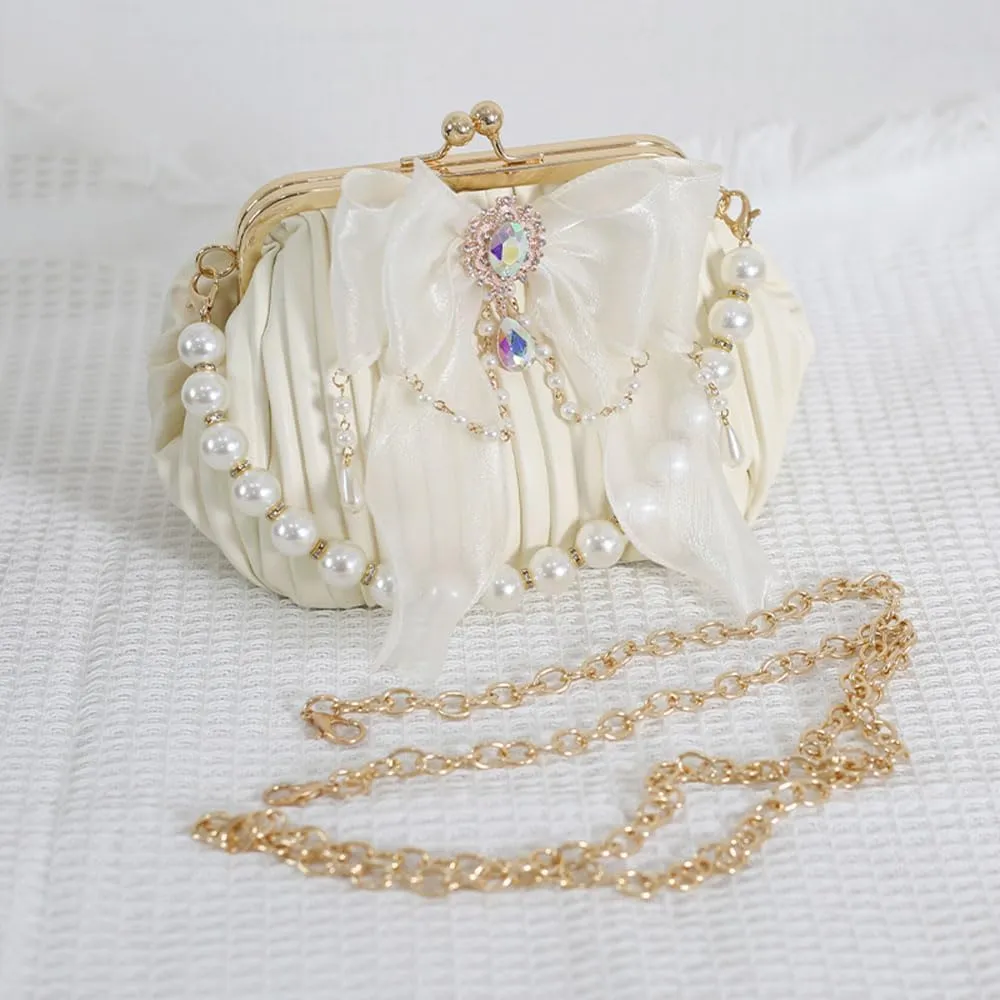 Vintage Kiss Lock Handbag Purse Crossbody Shoulder Bag Evening Bag Small Tote Purse with Bow Pearl Chain for Women