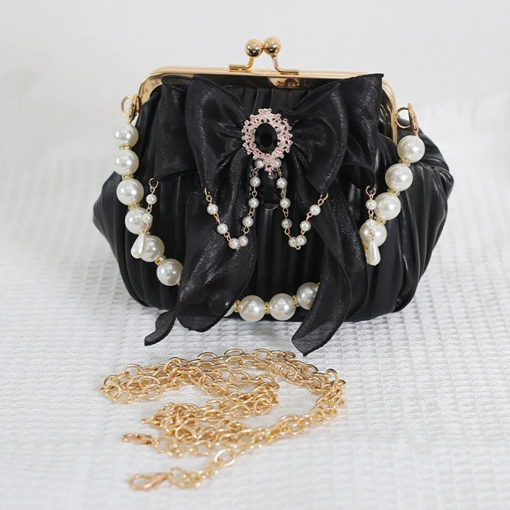 Vintage Kiss Lock Handbag Purse Crossbody Shoulder Bag Evening Bag Small Tote Purse with Bow Pearl Chain for Women