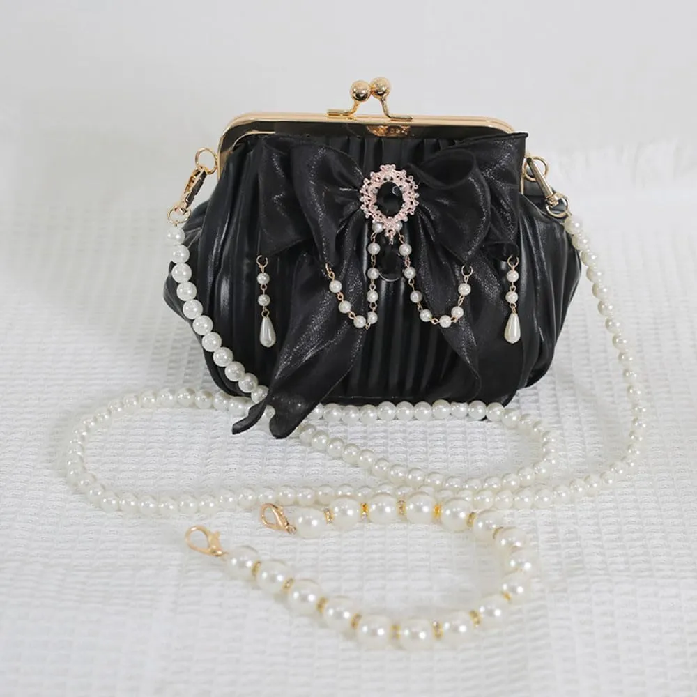 Vintage Kiss Lock Handbag Purse Crossbody Shoulder Bag Evening Bag Small Tote Purse with Bow Pearl Chain for Women