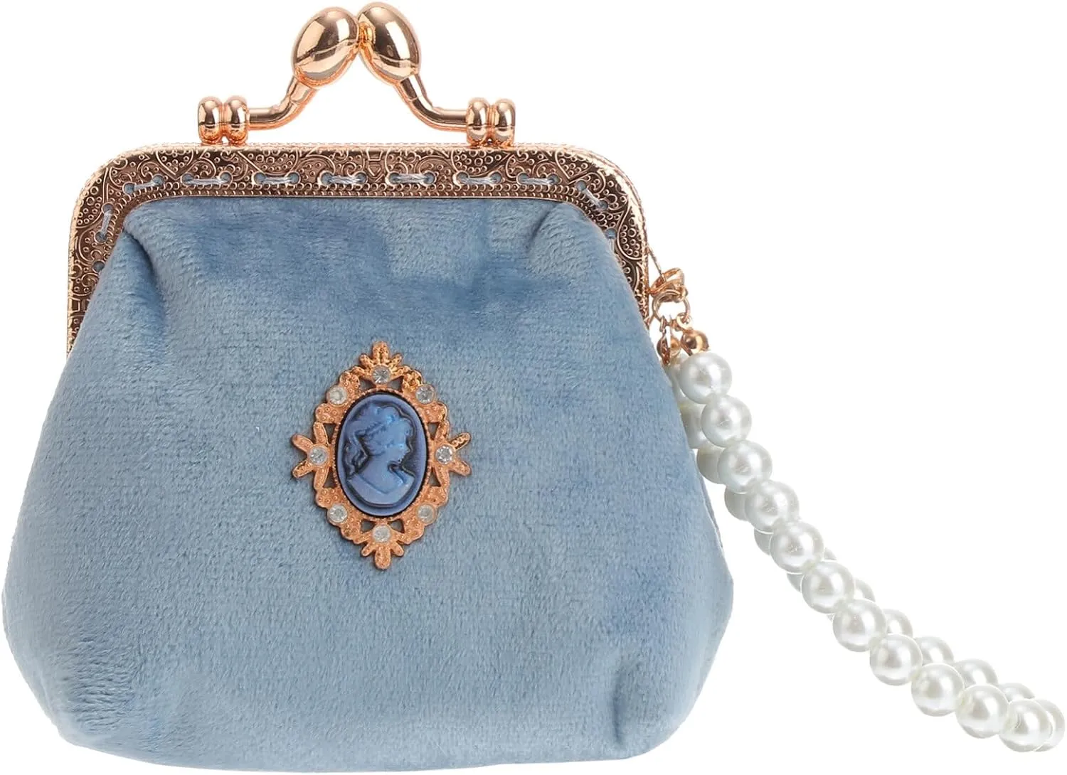 Vintage Style Velvet Coin Purse, Retro Mini Clasp Change Pouch with Pearl Chain, Small Wallet for Women and Girls
