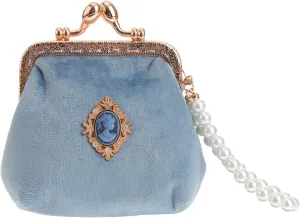 Vintage Style Velvet Coin Purse, Retro Mini Clasp Change Pouch with Pearl Chain, Small Wallet for Women and Girls