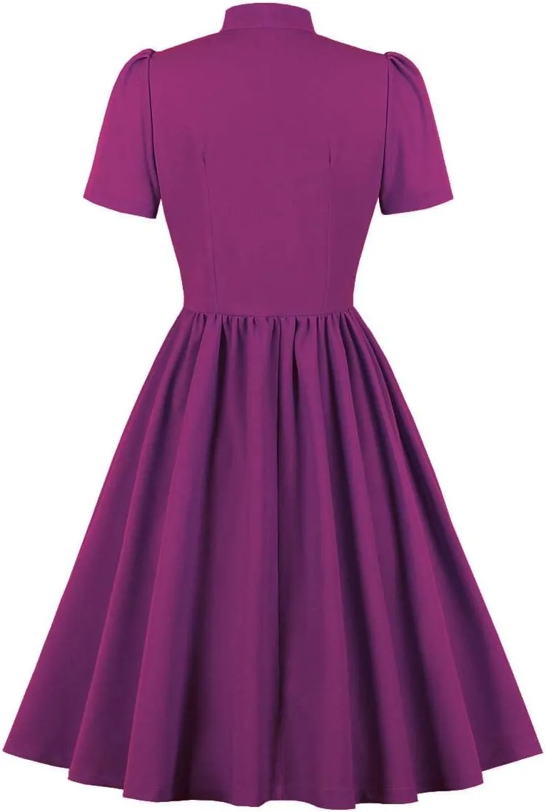 Vintage Women 1940s Bow Tie Neck Dress Retro 40s 50s Button Up Business Work A-line Cocktail Dresses