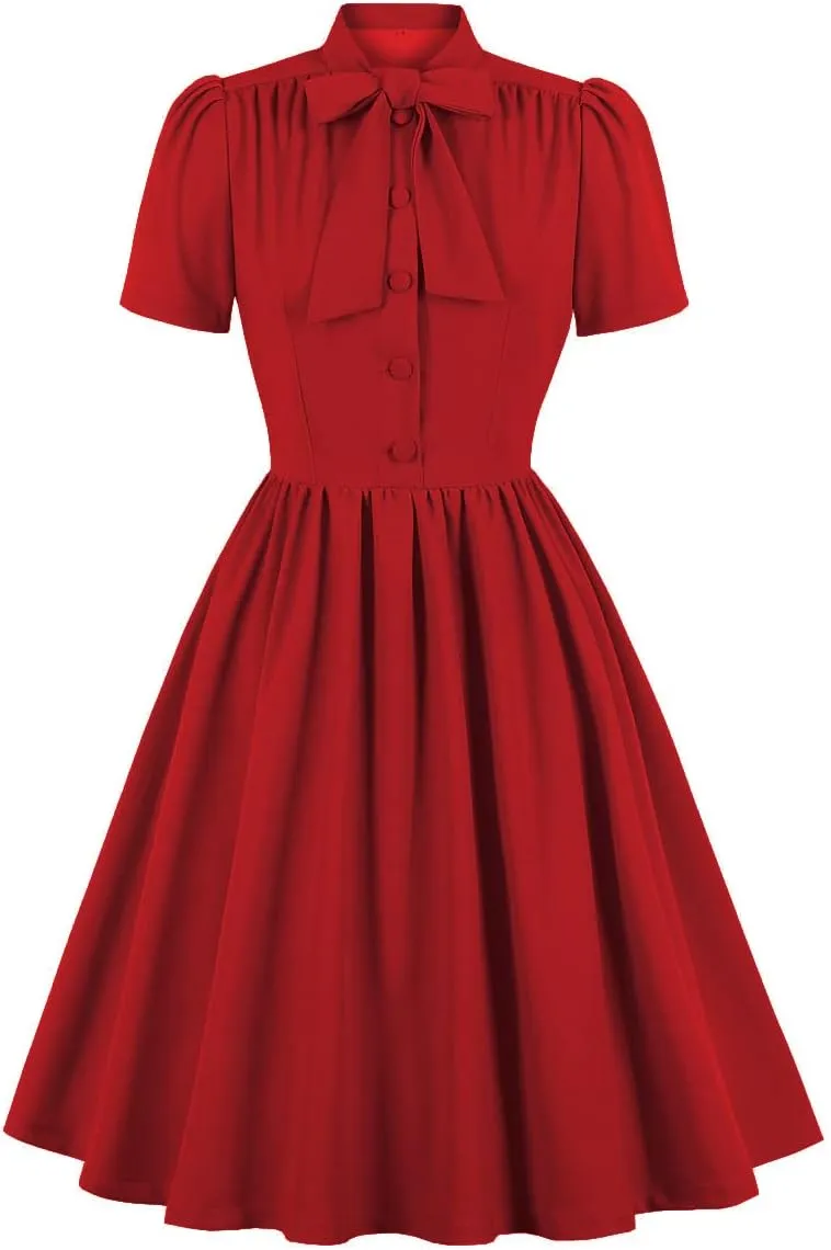 Vintage Women 1940s Bow Tie Neck Dress Retro 40s 50s Button Up Business Work A-line Cocktail Dresses