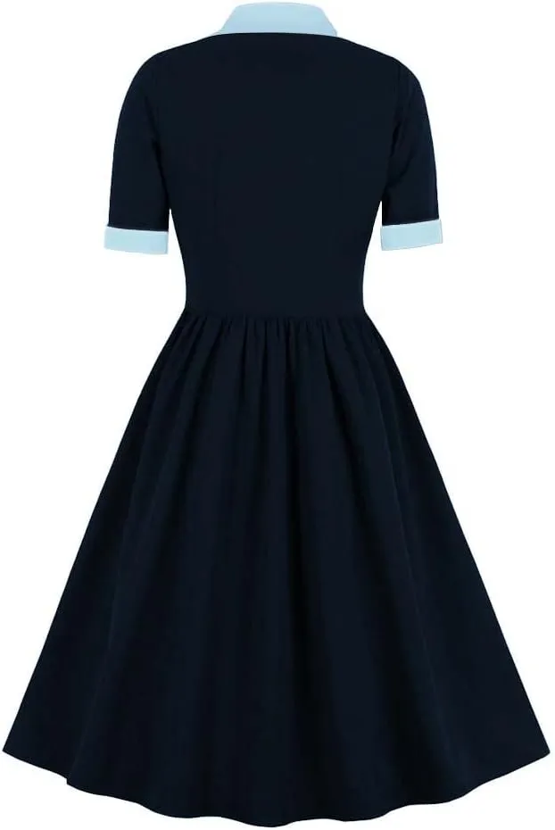Vintage Women 1940s Bow Tie Neck Dress Retro 40s 50s Button Up Business Work A-line Cocktail Dresses