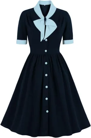 Vintage Women 1940s Bow Tie Neck Dress Retro 40s 50s Button Up Business Work A-line Cocktail Dresses