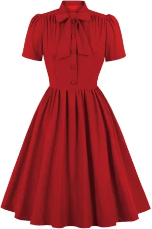 Vintage Women 1940s Bow Tie Neck Dress Retro 40s 50s Button Up Business Work A-line Cocktail Dresses