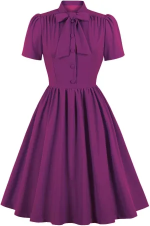 Vintage Women 1940s Bow Tie Neck Dress Retro 40s 50s Button Up Business Work A-line Cocktail Dresses