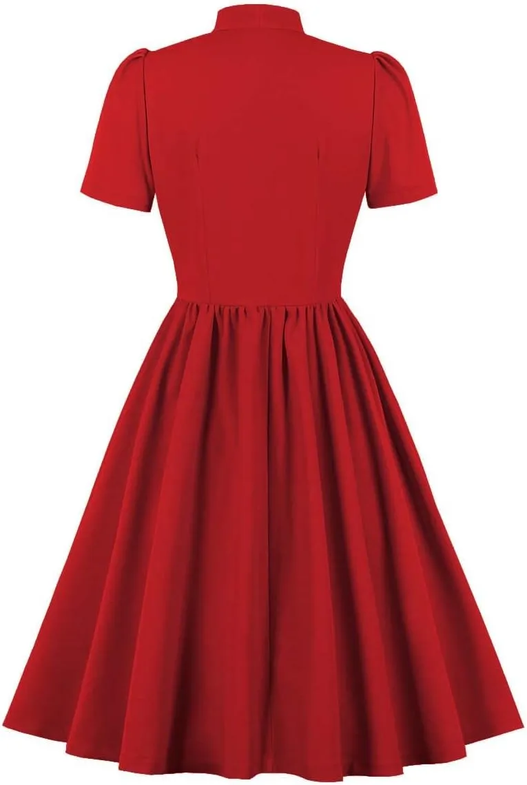 Vintage Women 1940s Bow Tie Neck Dress Retro 40s 50s Button Up Business Work A-line Cocktail Dresses