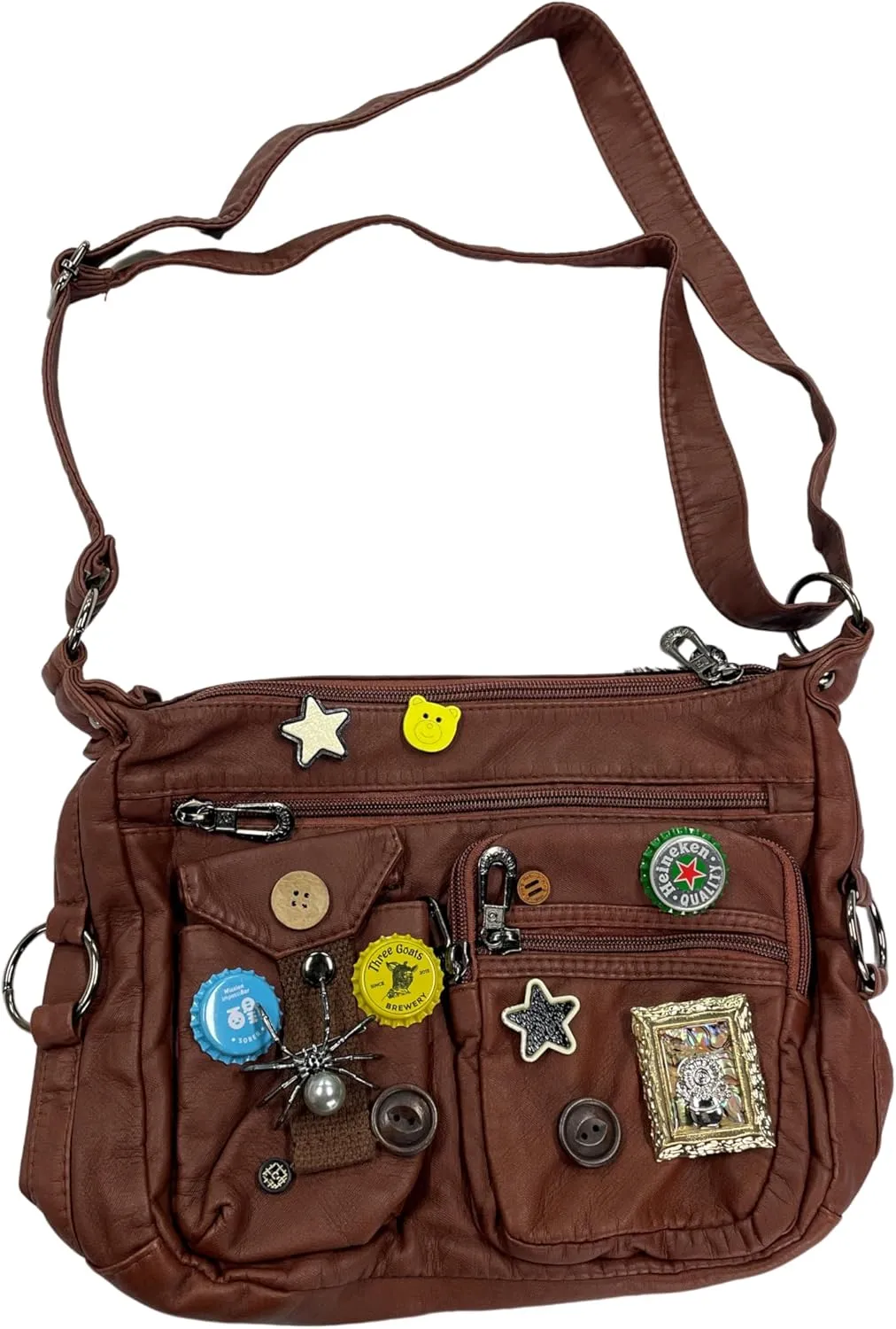 Vintage Y2K Crossbody Bag for Women- Adjustable Strap, Retro Button Design, Multi-Pocket PU Leather Bag