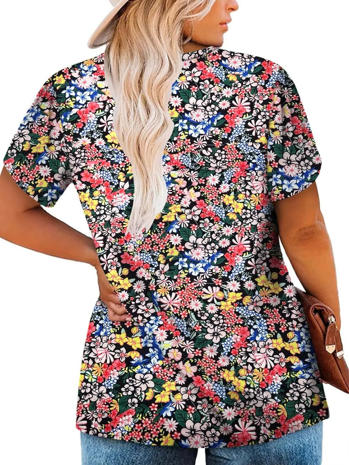 VISLILY Womens-Plus-Size-Summer-Tops Chic Keyhole V Neck T Shirts Cute Petal Short Sleeve Blouses Flowy Pleated Tunics XL-5XL