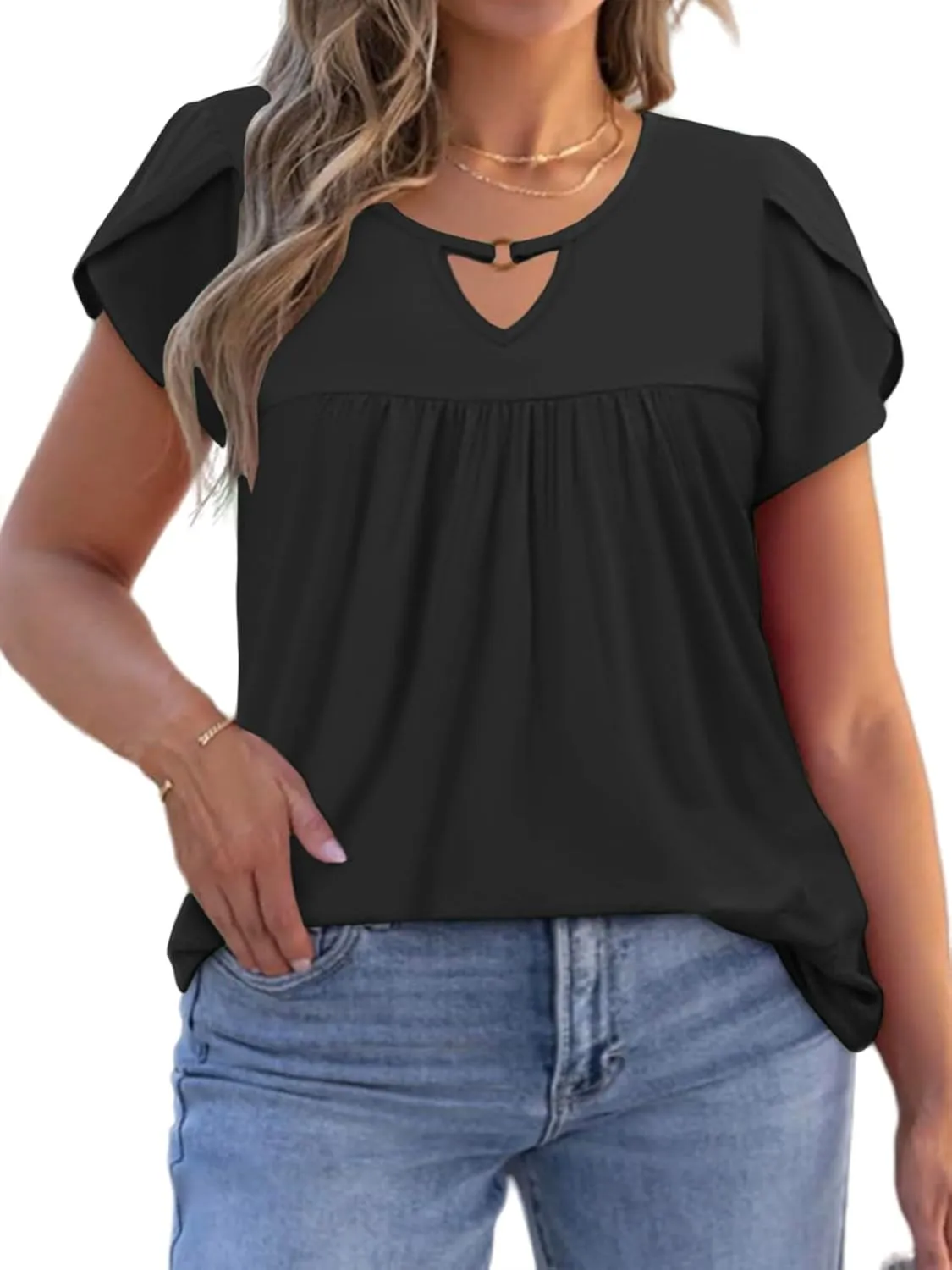 VISLILY Womens-Plus-Size-Summer-Tops Chic Keyhole V Neck T Shirts Cute Petal Short Sleeve Blouses Flowy Pleated Tunics XL-5XL