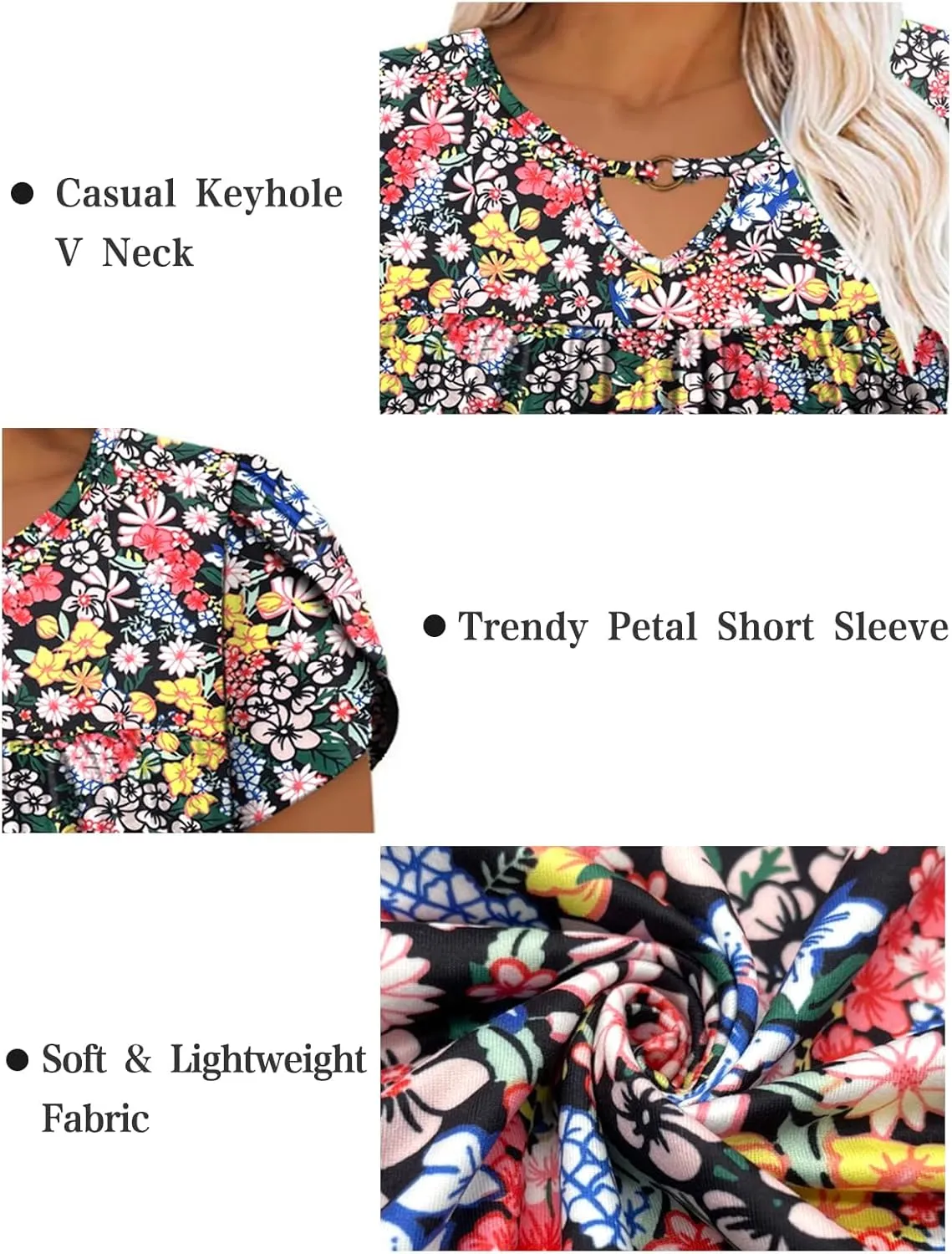 VISLILY Womens-Plus-Size-Summer-Tops Chic Keyhole V Neck T Shirts Cute Petal Short Sleeve Blouses Flowy Pleated Tunics XL-5XL