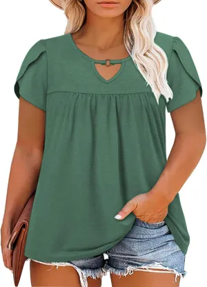 VISLILY Womens-Plus-Size-Summer-Tops Chic Keyhole V Neck T Shirts Cute Petal Short Sleeve Blouses Flowy Pleated Tunics XL-5XL