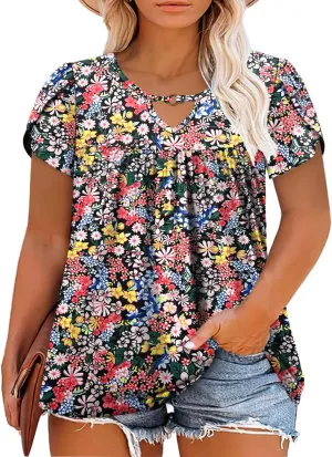 VISLILY Womens-Plus-Size-Summer-Tops Chic Keyhole V Neck T Shirts Cute Petal Short Sleeve Blouses Flowy Pleated Tunics XL-5XL