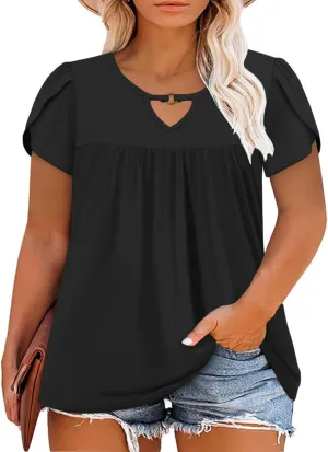 VISLILY Womens-Plus-Size-Summer-Tops Chic Keyhole V Neck T Shirts Cute Petal Short Sleeve Blouses Flowy Pleated Tunics XL-5XL