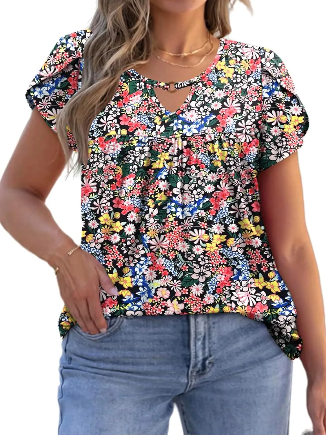 VISLILY Womens-Plus-Size-Summer-Tops Chic Keyhole V Neck T Shirts Cute Petal Short Sleeve Blouses Flowy Pleated Tunics XL-5XL