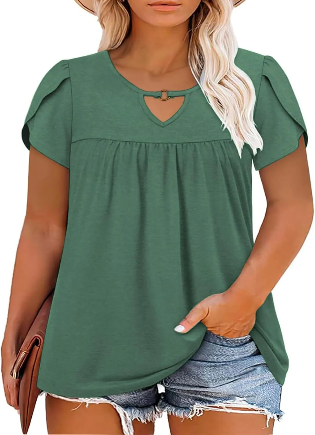 VISLILY Womens-Plus-Size-Summer-Tops Chic Keyhole V Neck T Shirts Cute Petal Short Sleeve Blouses Flowy Pleated Tunics XL-5XL