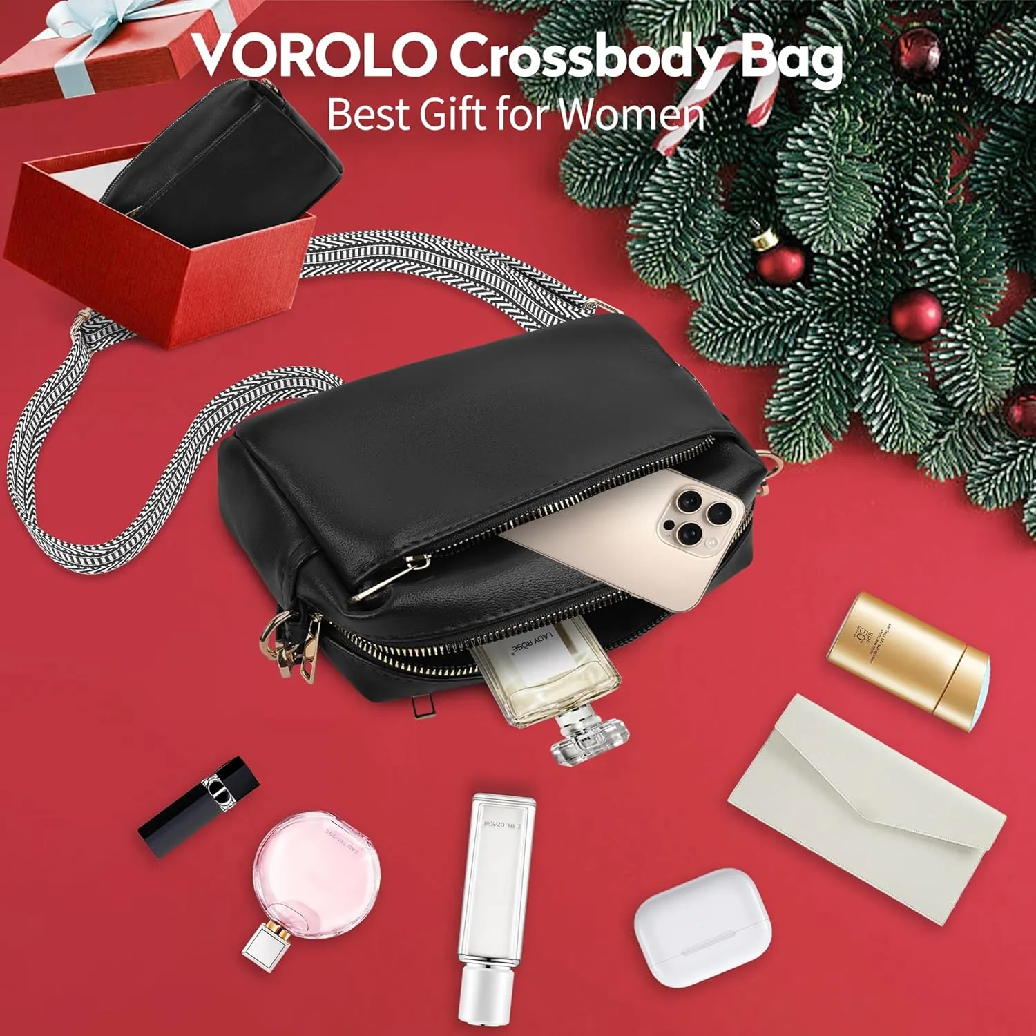 VOROLO Crossbody Bag Small Leather Triple Zip Crossbody Purse Shoulder Bag with Ajustable Strap for Women Black with Rope