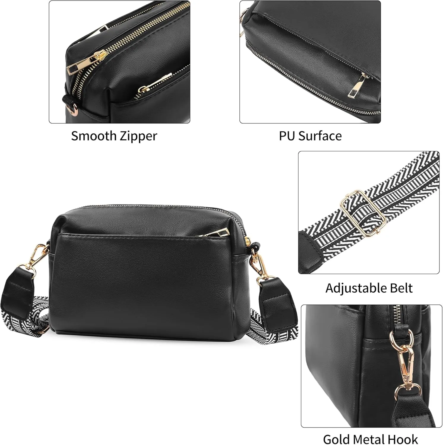 VOROLO Crossbody Bag Small Leather Triple Zip Crossbody Purse Shoulder Bag with Ajustable Strap for Women Black with Rope