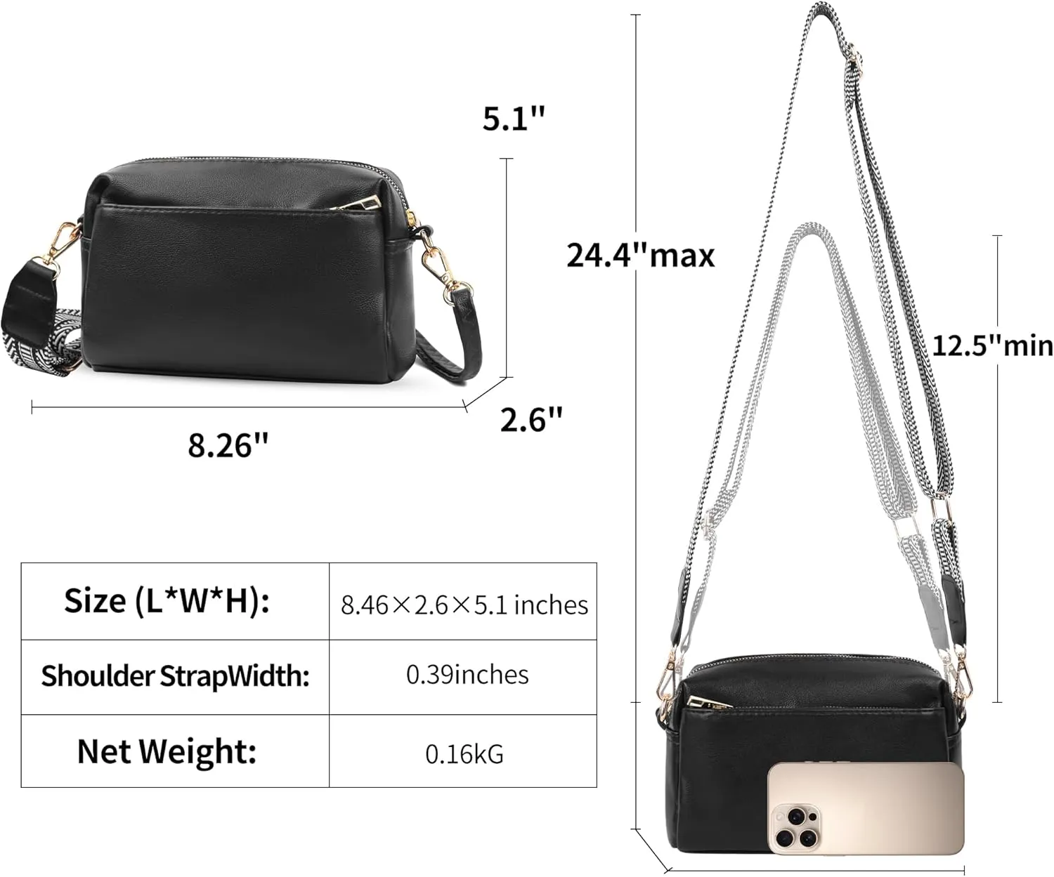 VOROLO Crossbody Bag Small Leather Triple Zip Crossbody Purse Shoulder Bag with Ajustable Strap for Women Black with Rope