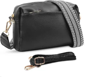 VOROLO Crossbody Bag Small Leather Triple Zip Crossbody Purse Shoulder Bag with Ajustable Strap for Women Black with Rope