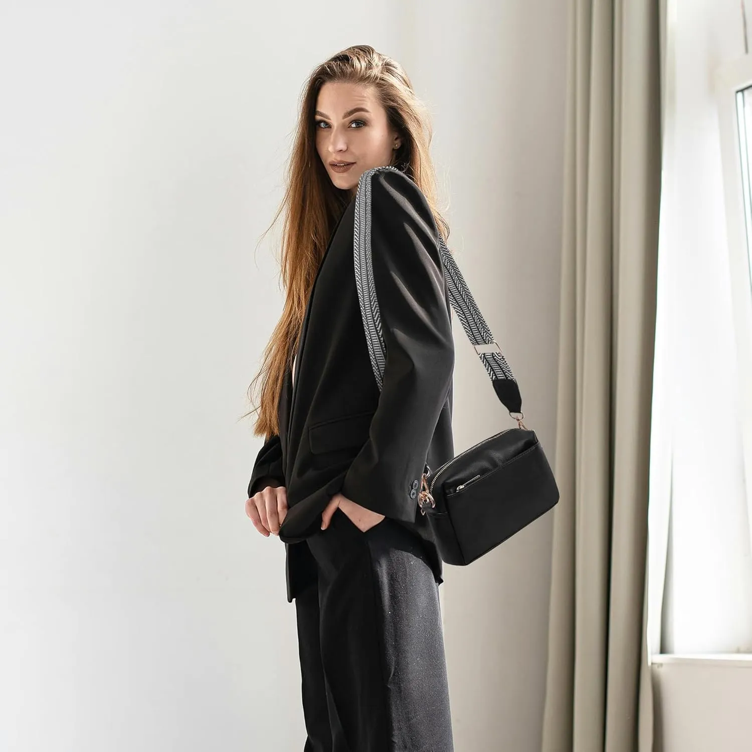 VOROLO Crossbody Bag Small Leather Triple Zip Crossbody Purse Shoulder Bag with Ajustable Strap for Women Black with Rope