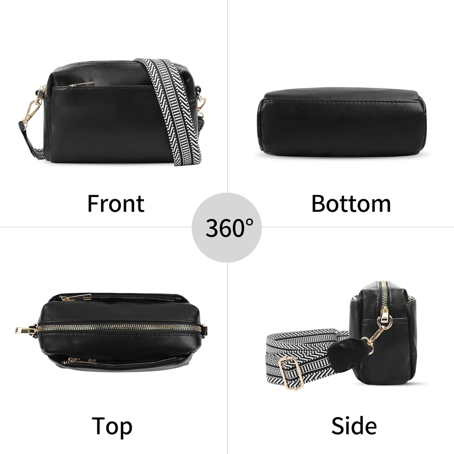 VOROLO Crossbody Bag Small Leather Triple Zip Crossbody Purse Shoulder Bag with Ajustable Strap for Women Black with Rope