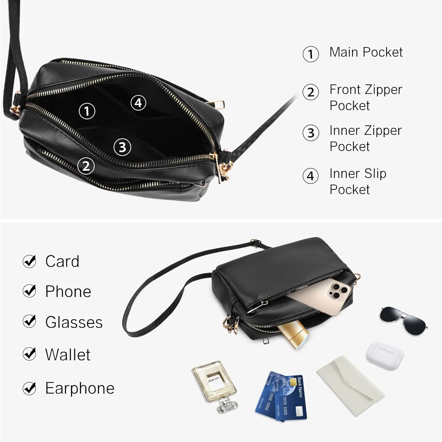 VOROLO Crossbody Bag Small Leather Triple Zip Crossbody Purse Shoulder Bag with Ajustable Strap for Women Black with Rope