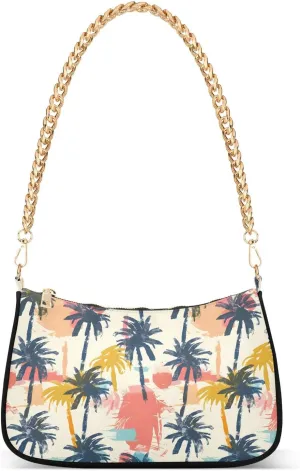 Watercolor Palm Tree Oil Painting Chain Shoulder Bag Hobo Tote Handbag Mini Clutch Purse with Zipper Closure for Women