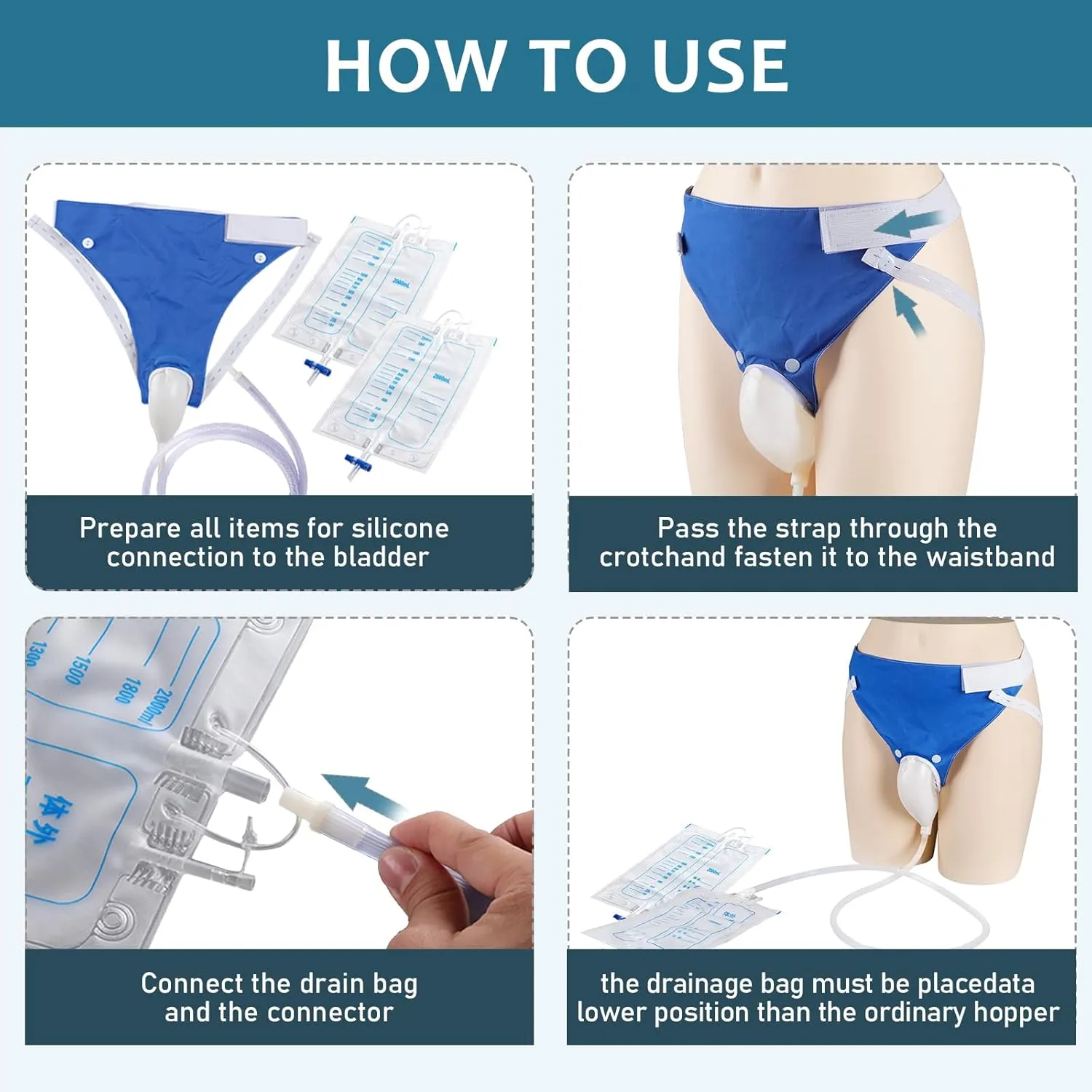Wearable Urine Collector Set with 2 Bags (1000ml/2000ml), 1.2M Catheter, Urine Catching Capsule, Breathable Cotton Pants for Elderly Men Gray