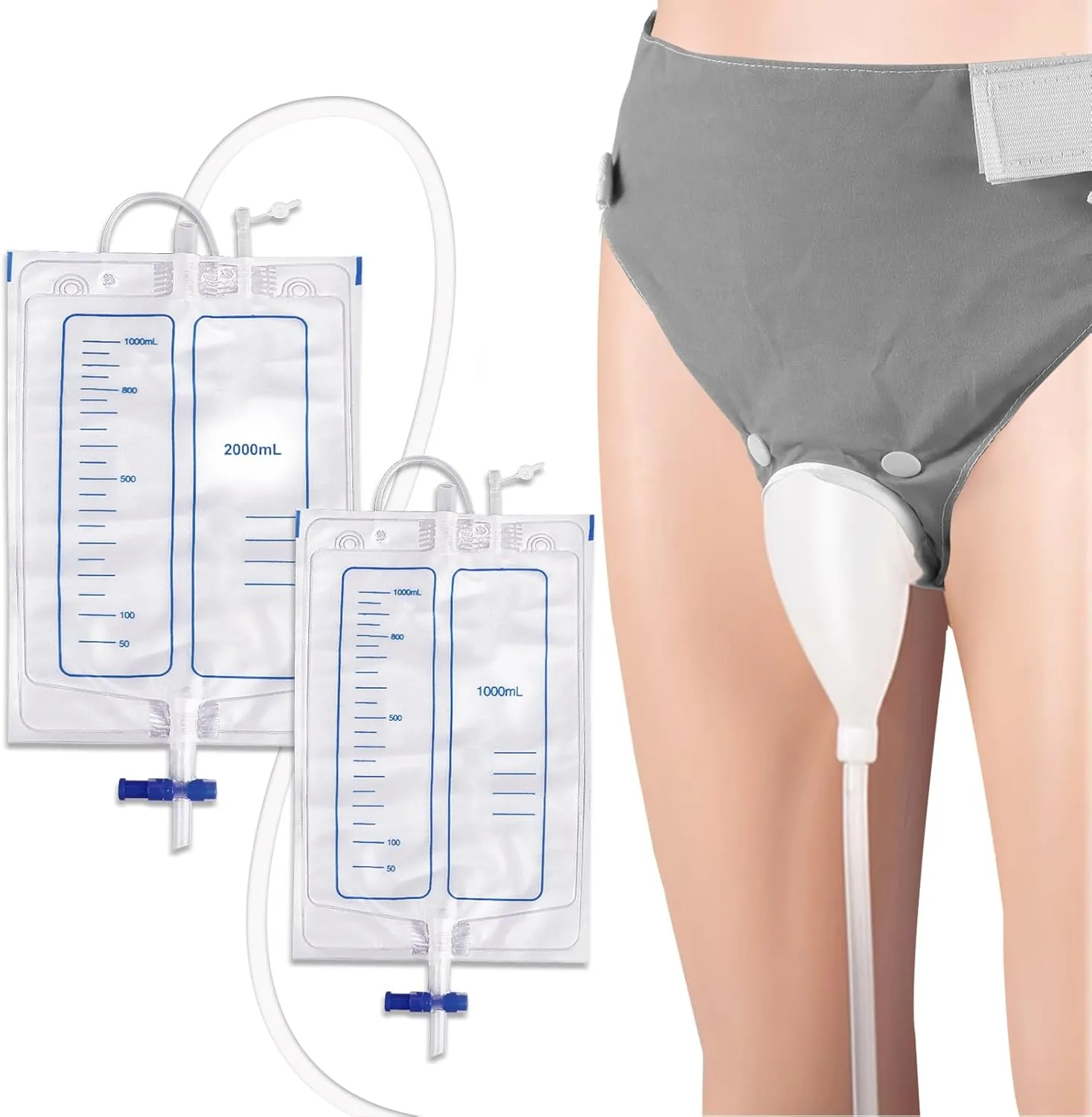 Wearable Urine Collector Set with 2 Bags (1000ml/2000ml), 1.2M Catheter, Urine Catching Capsule, Breathable Cotton Pants for Elderly Men Gray