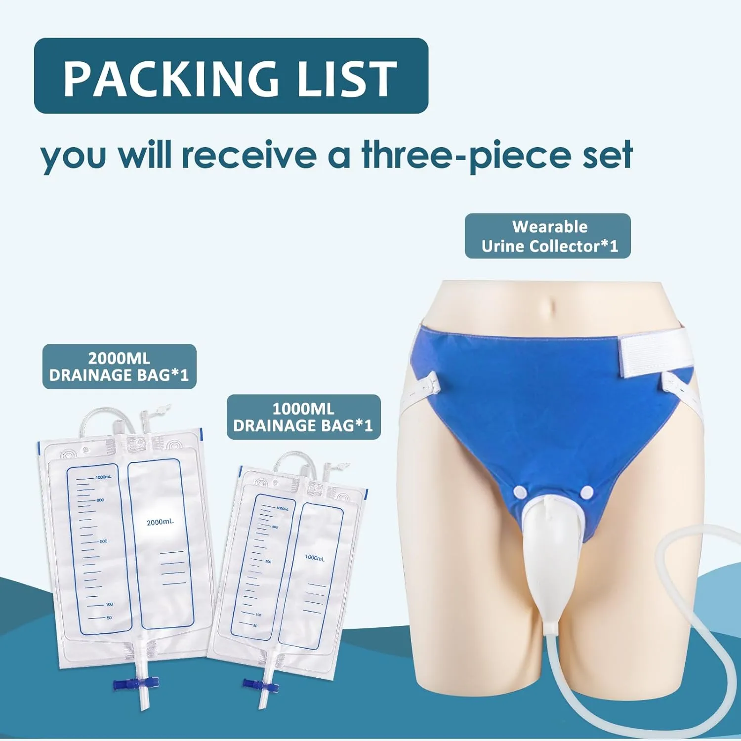 Wearable Urine Collector Set with 2 Bags (1000ml/2000ml), 1.2M Catheter, Urine Catching Capsule, Breathable Cotton Pants for Elderly Men Gray