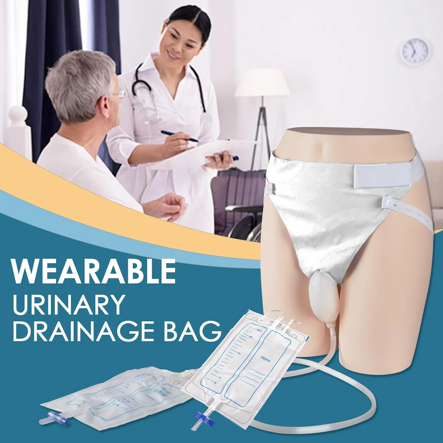 Wearable Urine Collector Set with 2 Bags (1000ml/2000ml), 1.2M Catheter, Urine Catching Capsule, Breathable Cotton Pants for Elderly Men Gray