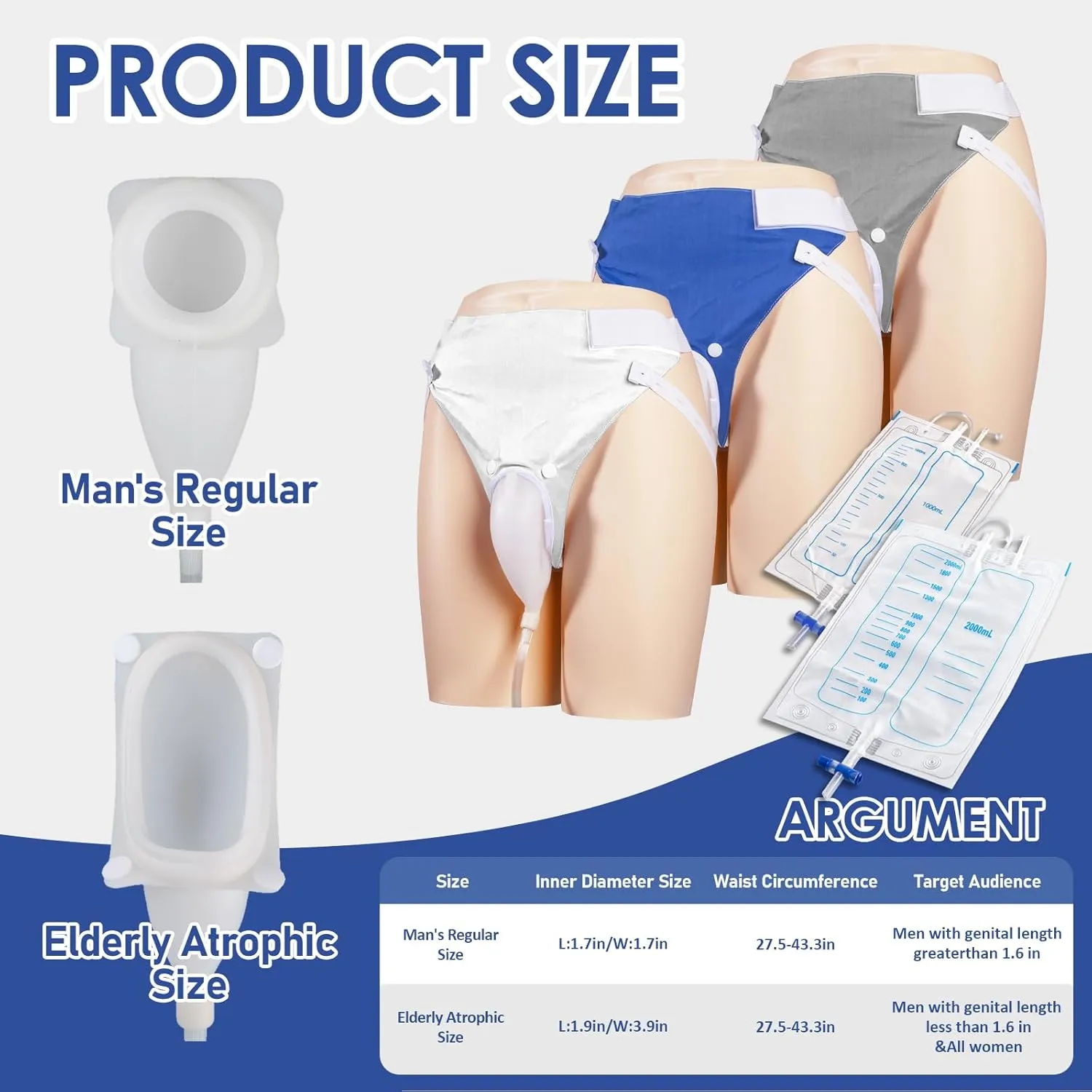 Wearable Urine Collector Set with Silicone Catching Capsule, 1.2M Flexible Catheter, Comfortable Cotton Pants, 1000ml & 2000ml Collection Bags for Men Black