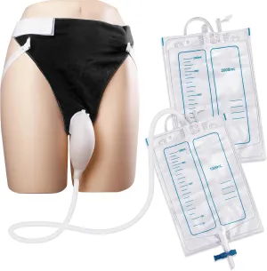 Wearable Urine Collector Set with Silicone Catching Capsule, 1.2M Flexible Catheter, Comfortable Cotton Pants, 1000ml & 2000ml Collection Bags for Men Black