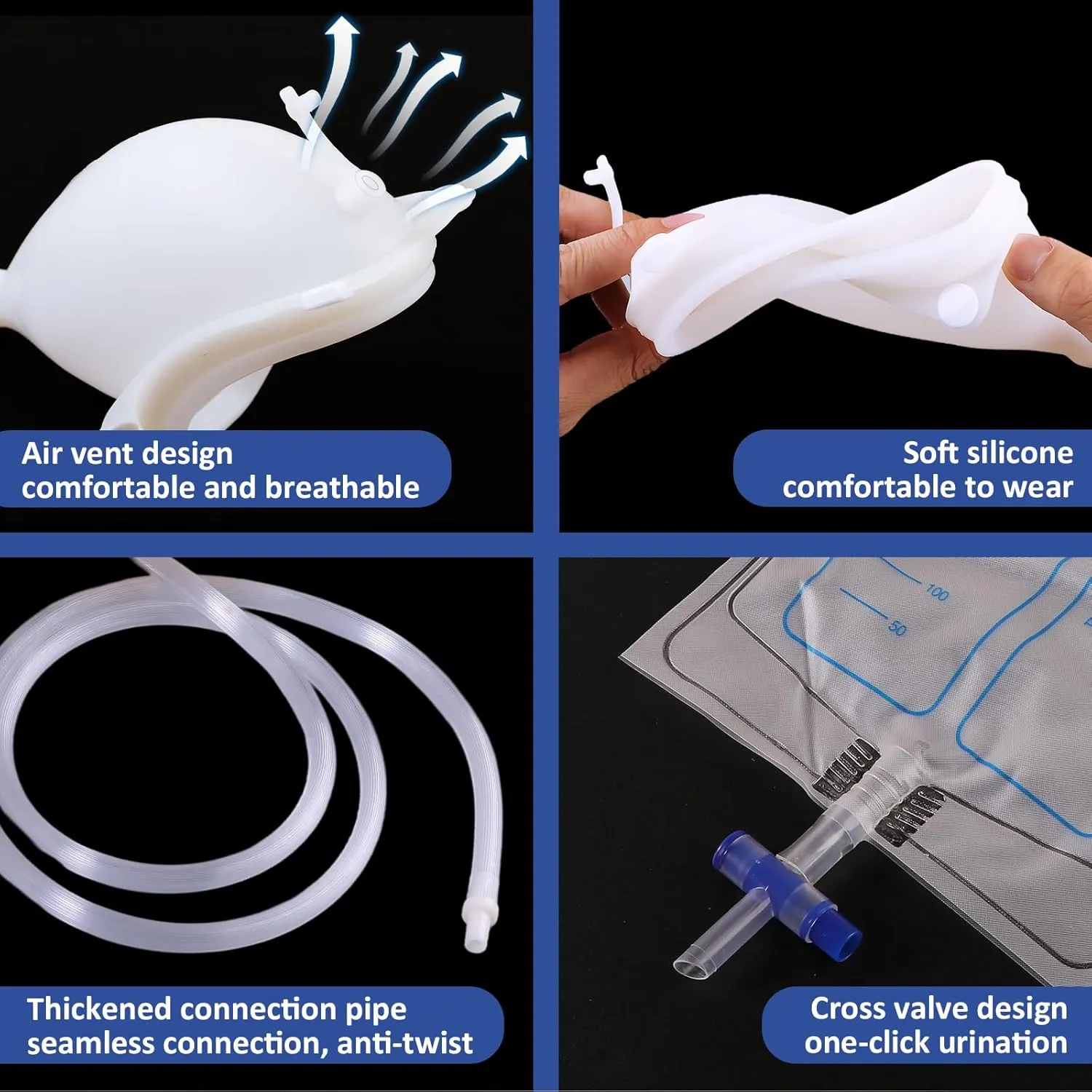 Wearable Urine Collector Set with Silicone Catching Capsule, 1.2M Flexible Catheter, Comfortable Cotton Pants, 1000ml & 2000ml Collection Bags for Men Black