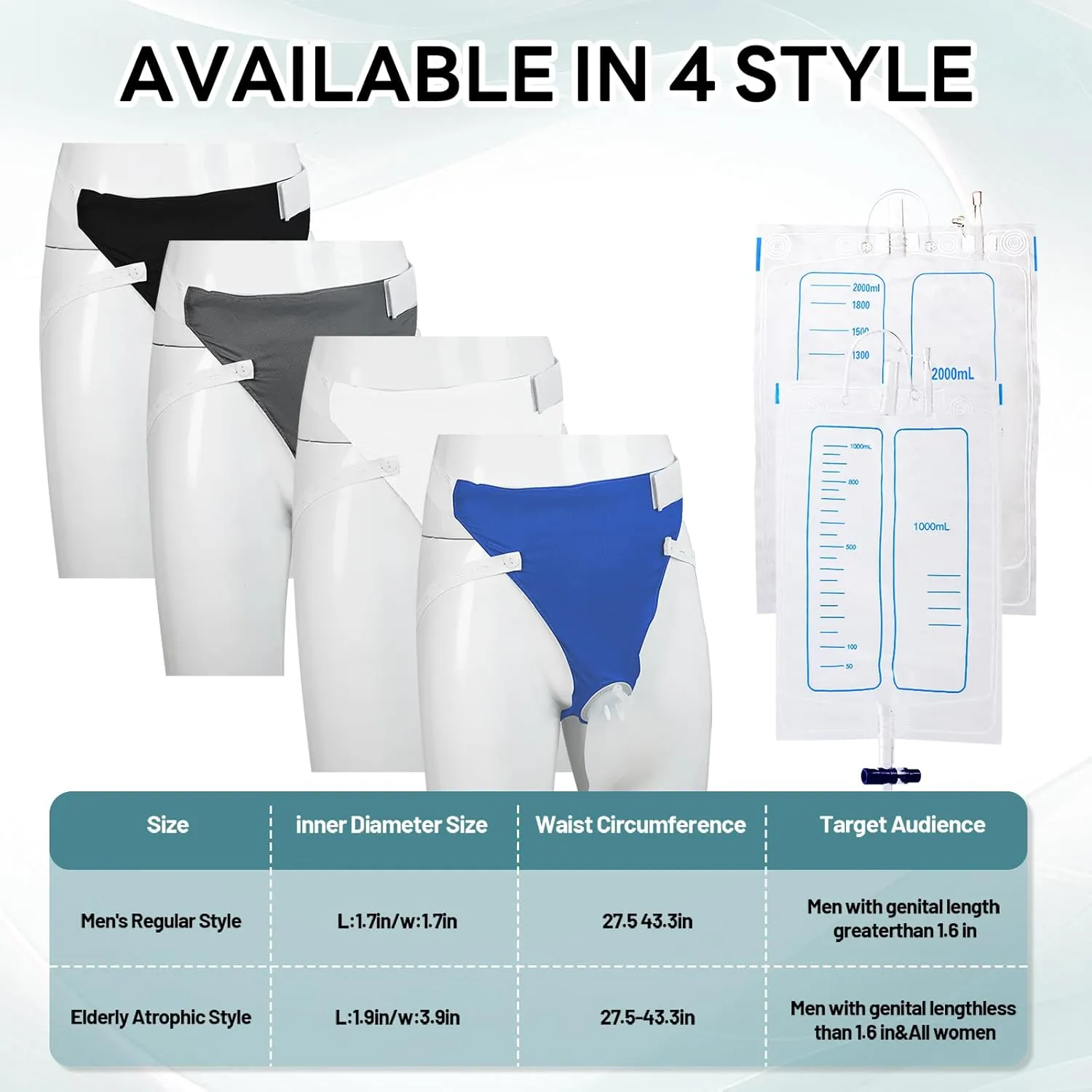 Wearable Urine Collector Set with Silicone Urine Catching Capsule, 1.2M Flexible Catheter, Breathable Cotton Pants, and 1000ml & 2000ml Collection Bags, Elderly Men Blue