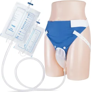 Wearable Urine Collector Set with Silicone Urine Catching Capsule, 1.2M Flexible Catheter, Breathable Cotton Pants, and 1000ml & 2000ml Collection Bags, Elderly Men Blue